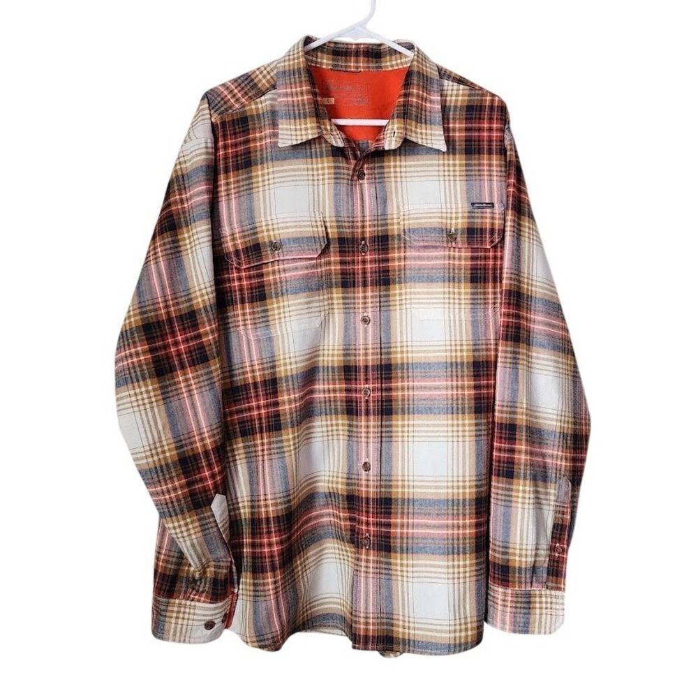EDDIE BAUER Classic Fleece Lined Flannel Shirt Orange Plaid gorpcore XLT